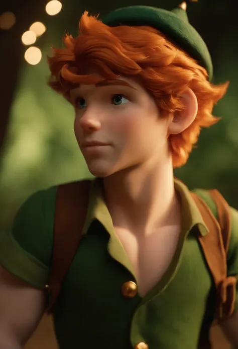 Masterpiece, Best quality, 1boys, Peter pan, Solo, closeup cleavage, Short hair, Orange hair, Green-collared shirt, Short sleeves, hat feather, Male focus, Pointy ears,Upper body