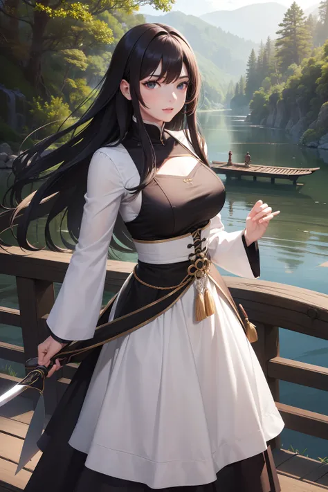 Divindade de cabelos longos sedosos, cabelos negros, olhos astutos, usando uma roupa sensual hunfa antiga Wuxia, voluptuosa fisicamente, seios grandes,athletic size, roupas cor vermelhas, holding with one hand a Wu Dang sword,at first crossing a wooden bri...