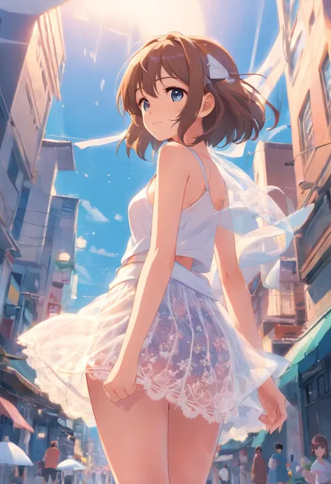 a cute loli，White the_Skirt、full body Esbian、see -through、lacy clothing、see -through,Open_lingerie,A skirt that flutters in the wind,Open_breast enhancement,,