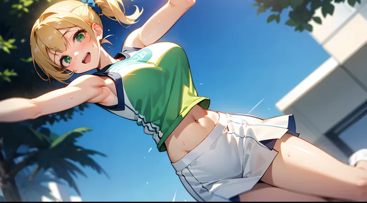 1 girl, game CG, see-through sleeveless blue gym uniform, belly button visible, short white skirt, hair scrunchie, gigantic breasts, blonde, middle hair, side ponytail, green eyes, outdoor, jumping, sweat, smile, open mouth, raise your arms,