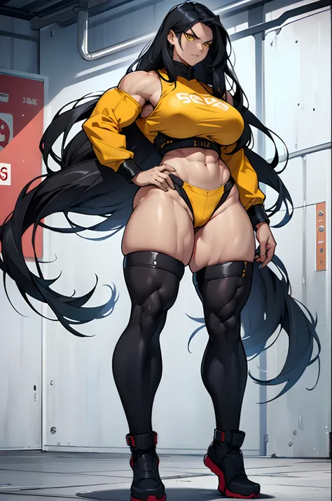 solo, (((1 girl))), very long hair, black hair, angry, yellow eyes, ((((muscular)))), ((huge tits)), ((thick thighs)), ((wide hips)), (full body)