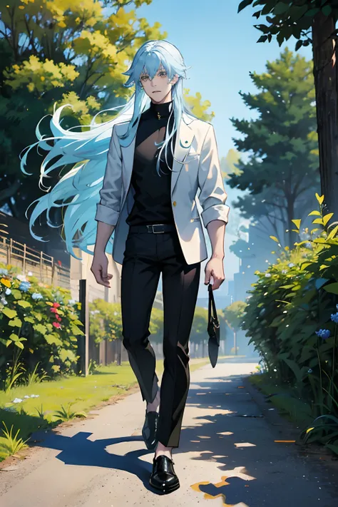 Handsome Man , Long Hair,Light Blue hair , Pale skin , Yellow eyes , Taking a walk outside in nature , Sunny day , light wind , Wearing a Black shirt and black pants