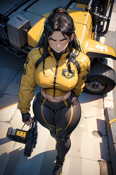 solo, (((1 girl))), very long hair, black hair, angry, yellow eyes, ((((muscular)))), ((huge tits)), ((thick thighs)), ((wide hips)), pale skin, pilot suit, from above