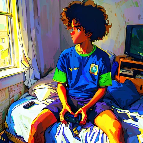 (brazilian boy,curly hair,brown skin),(2002 Brazil shirt),(dark blue taqtel shorts),(sitting on the messy bed),(window),(sunny day),(white painted wall),(low shot),(small smart TV),(ultra-detailed),(vivid colors),PlayStation 2 on the shelf, boy looks enter...