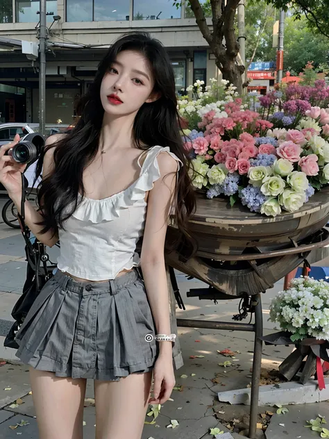 There was a woman standing in front of a flower stand，holding a camera, white shirt and grey skirt, frilly outfit, sakimichan, korean womens fashion model, Gorgeous young Korean woman, wearing sexy cropped top, transparent gray skirts, ulzzangs, full body ...