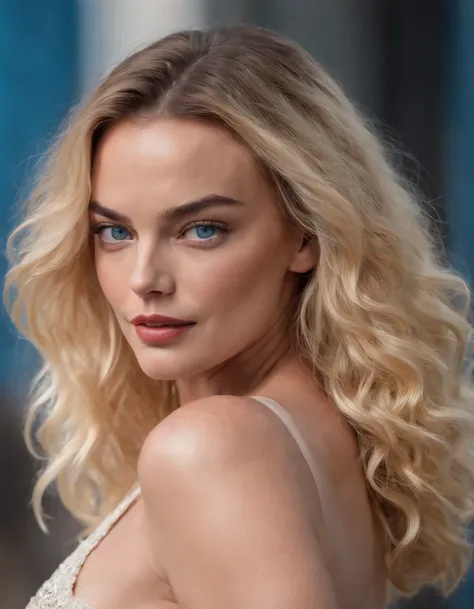 Margot Robbie,(beautiful and bold, seductive and attractive, blue eyes, , long curly golden hair, sweaty body, open shirt, short shorts, thick legs). (Sexy makeup， cinematic effect), (Best quality, masterpiece, depth of field, Full HD, 4K, richness of deta...