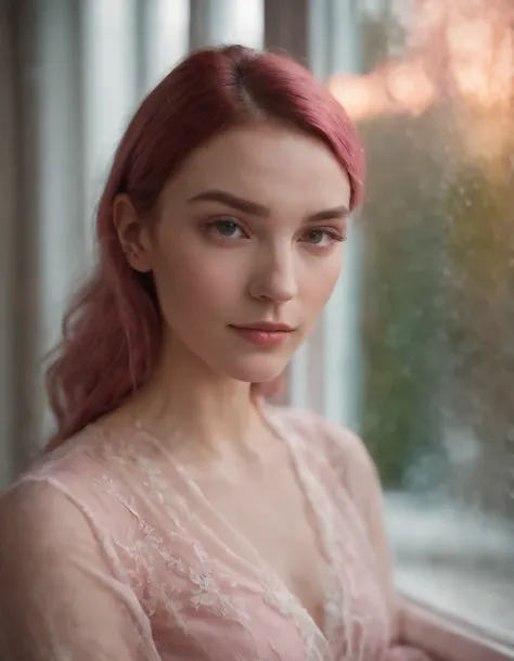 a young woman looking at herself in a glass window, in the style of light pink and light crimson, light painting, tattoo-inspired, panasonic lumix s pro 50mm f/1.4, gritty hollywood glamour, light red and light amber, infrared filters