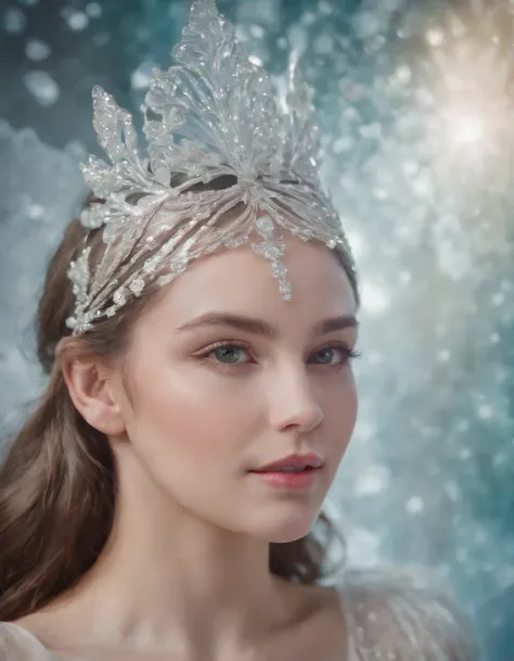 a girl with silver/effervescent headpieces, in the style of colorful vibrations, wavy resin sheets, joyful chaos, close-up, glitter, transparent/translucent medium, multilayered.