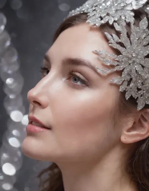 a girl with silver/effervescent headpieces, in the style of colorful vibrations, wavy resin sheets, joyful chaos, close-up, glitter, transparent/translucent medium, multilayered.