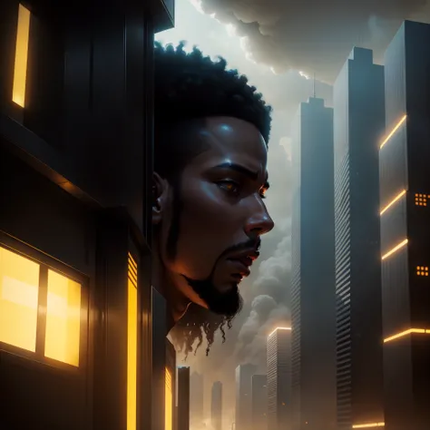 a close up of a black man standing in front of an African designed building, in a dystopia city with yellow smoke in the atmosphere, moody light, with iridescent light, 32k, ultra HD, cinematic lighting, highly-realistic image, artgerm style