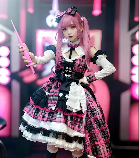 Arafe girl in pink and black dress with microphone, angelic pretty, Lolita style, Lolita Fashion, Belle Delphine, style of magical girl, dollpunk, ❤🔥🍄🌪, baroque visual kei decora art, witch clothing, decora inspired, fairycore, sakimichan, kawaii decora ra...