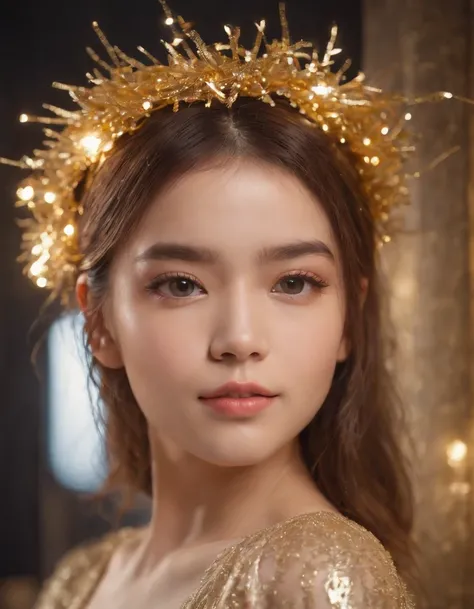 a girl with gold tinsel in her hair poses to take the photo, in the style of 21st century, pantonepunk, childlike, golden light, party kei.