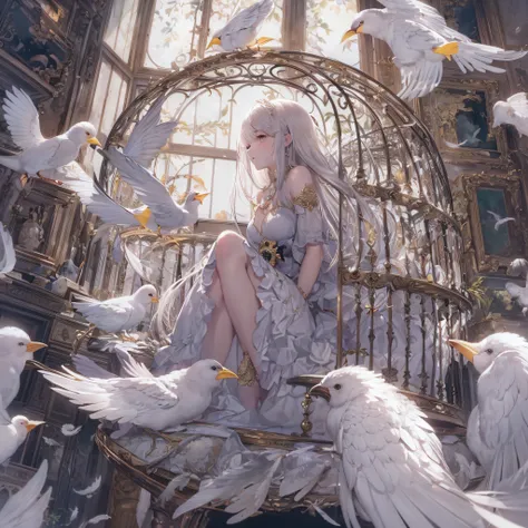 (((She is looking out the window)))、(((Legs in your own embrace))),Colossal tits、a lot of white feathers、(((Plenty of wearing intricately detailed bird cages and pocket watches)))、((Big wearing intricately detailed Girl sitting in a bird cage))、(((Wearing ...