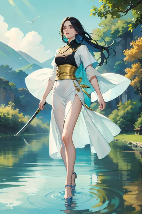 Divindade "feminina", de cabelos longos sedosos, cabelos verdes, olhos astutos, usando uma roupa sensual hunfa antiga Wuxia, voluptuosa fisicamente, "seios grandes",athletic size, roupas cores escuras, mulher linda, holding with one hand a Wu Dang sword,at...