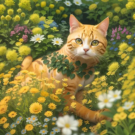 A yellow cat in the garden, The garden has small white flowers.