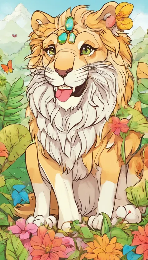 Lion in the forest Coloring book, estilo dos desenhos animados, linhas finas, sem cor, fundo branco, strokes only