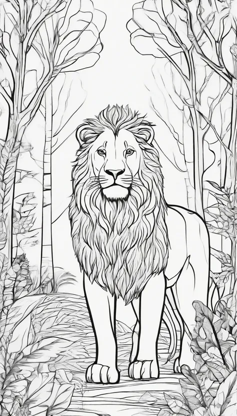 Lion in the forest Coloring book, estilo dos desenhos animados, linhas finas, sem cor, fundo branco, strokes only