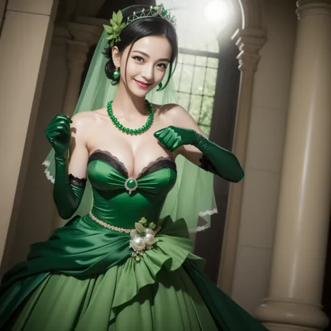 Boyish very short black hair, lipsticks, Japan woman smiling, Green Long Grove, Long green gloves made of satin material, lipsticks, Japan woman smiling, Satin green long gloves,　emerald tiara, Green Pearl Necklace, verd s eyes, Green eyes, Long green glov...