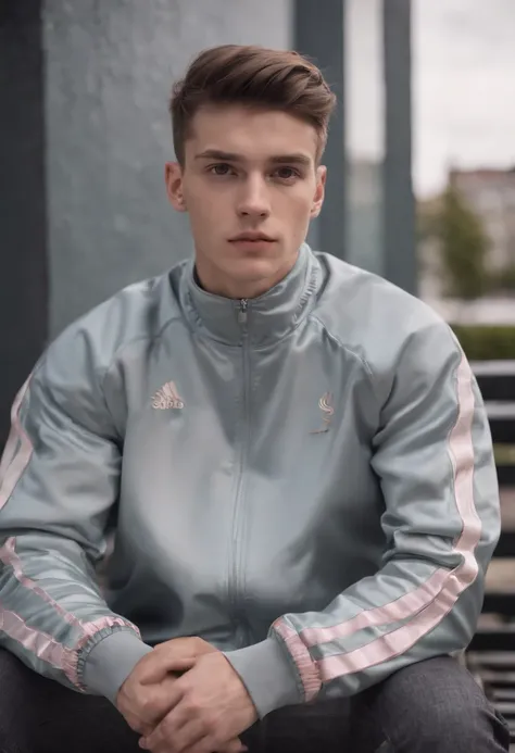 a young man sitting on a metal bench wearing a track jacket, in the style of neo-concretism, subtle shades, webcam photography, subtle colours, sharp edges, genderless, fawncore