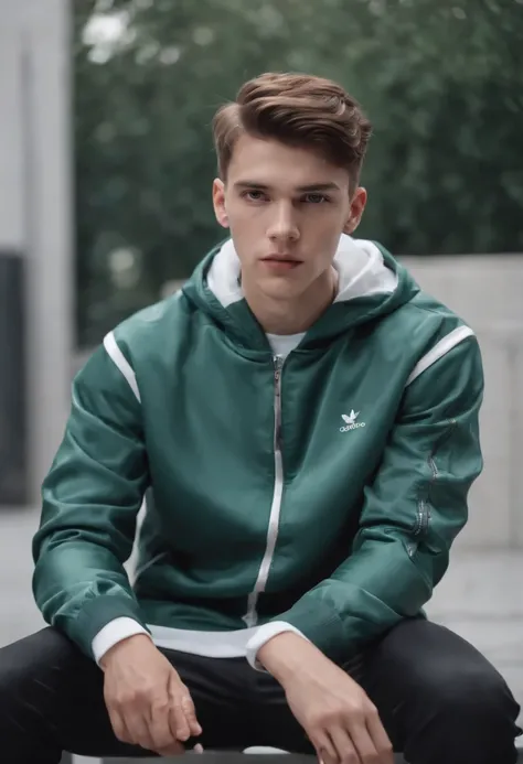 a young man sitting on a metal bench wearing a track jacket, in the style of neo-concretism, subtle shades, webcam photography, subtle colours, sharp edges, genderless, fawncore