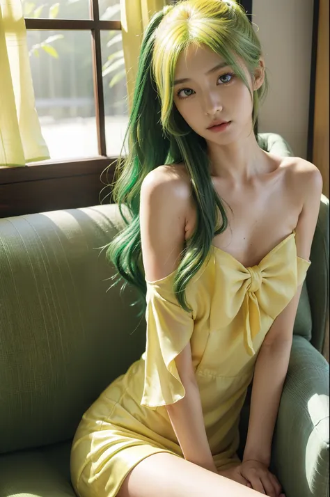 Japanese 1 girls, (Green eyes: 0.8), (Green hair: 0.8), (Yellow hair: 0.7), (Hair Shadow:0.4), (Bow with hair shaped like a banana: 0.9), Sitting on a cozy sofa, Upper body, Soft light, Wearing jungle green in a yellow dress, Detailed face