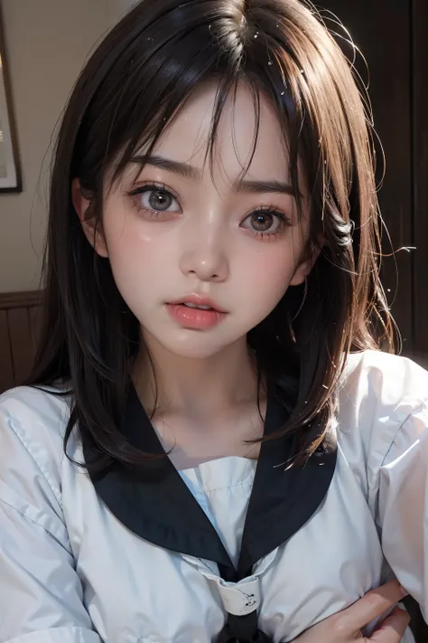 Photo Real、photoRealstic、独奏　A dark-haired、Blunt bangs　drooing eyes、Black eyes、Plump cheeks、The contours of the face are round　sixteen years old、hi-school girl、Suppin、a sailor suit、Drenched in sweat　large full breasts、Short stature　More than half of the ang...