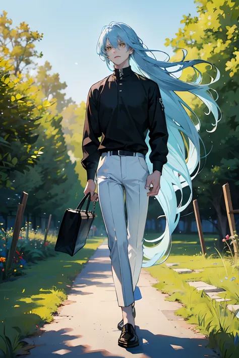 Handsome Man , Long Hair,Light Blue hair , Pale skin , Yellow eyes , Taking a walk outside in nature , Sunny day , light wind , Wearing a Black shirt and black pants