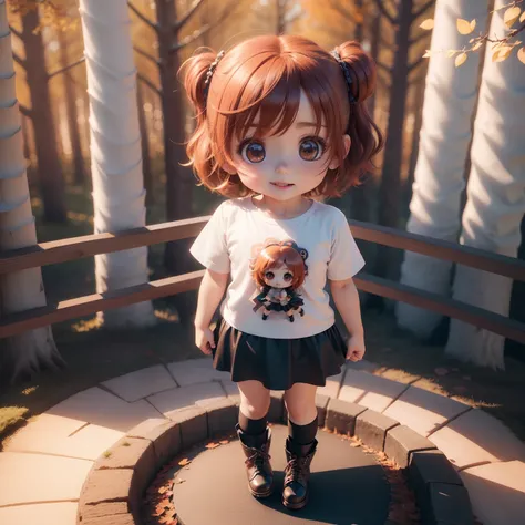 Cute Baby Chibi Anime,(((chibi 3d))) (Best Quality) (Master Price)、(Chibi２a person:1.3)、Cute T-shirt、Gather Skirt、Amiage Boots、The background is a fairytale autumn forest、Holding hands and hands、Open your mouth and smile、Standing