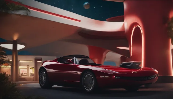 Qualidade de filme 4K，Film compositions，texturas finas，Base em Marte，Astronautas tocando guitarra, A cherry red Tesla Roadster floating in space WITH A GUY WITH SPACE TRAGE STANDING AT A SPACE-STYLE GAS STATION TO FUEL