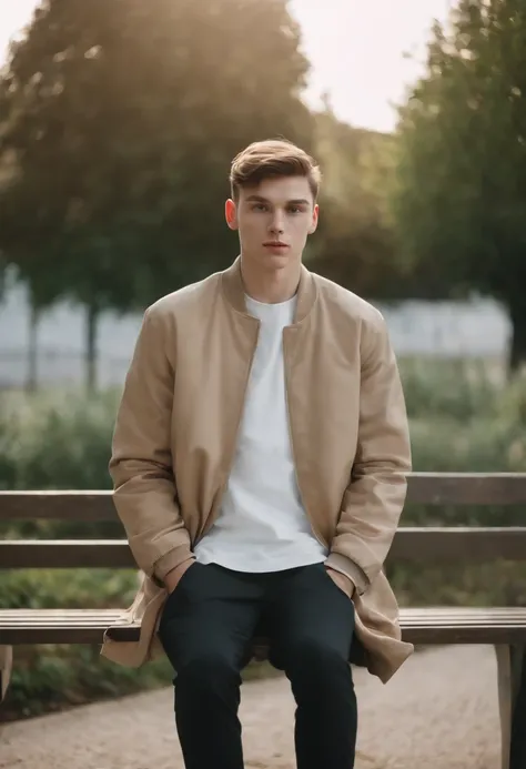 A young man sitting on a metal bench in a sports jacket, In the style of neo-concreteism, Subtle tones, webcam photography, Subtle colors, Sharp edges, genderless, Fawn can ,medium to long shot