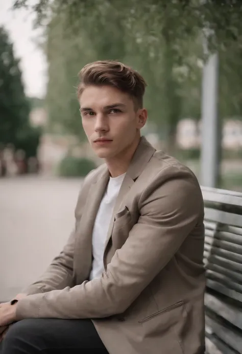 A young man sitting on a metal bench in a sports jacket, In the style of neo-concreteism, Subtle tones, webcam photography, Subtle colors, Sharp edges, genderless, Fawn can ,medium to long shot