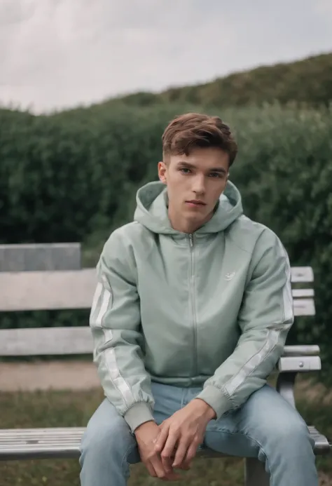 a young man sitting on a metal bench wearing a track jacket, in the style of neo-concretism, subtle shades, webcam photography, subtle colours, sharp edges, genderless, fawncore ,medium long shot