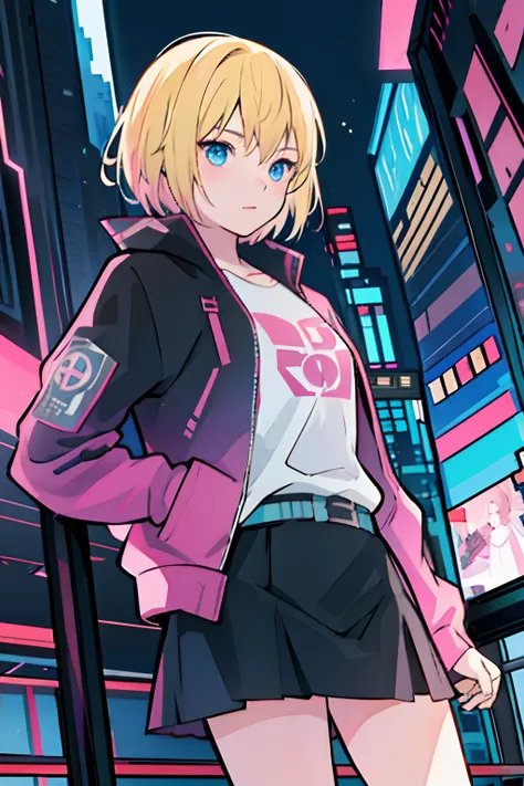 solo, 1girl, (masterpiece), ((16 year old appearance)), blonde hair, short hair, blue eyes anime girl, black and pink jacket, bl...