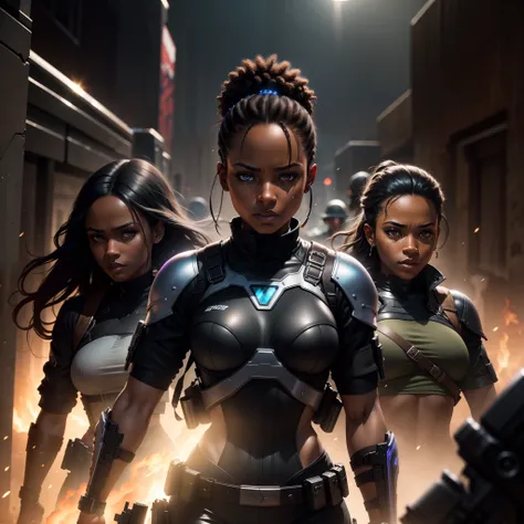 arafed image of a group of black people with guns and a woman, battleground background, moody lighting, with iridescent light, highly-realistic image, cinematic lighting, artgerm style, 32k ultra HD,