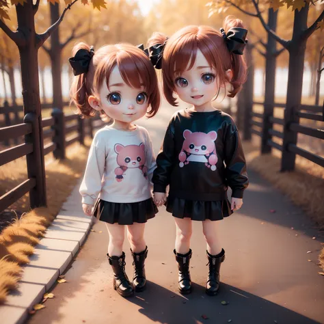 Cute Baby Chibi Anime,(((Chibi 3D))) (Best Quality) (Master Price)、(Chibi twins:1.3)、Cute T-shirt、Gather Skirt、Amiage Boots、The background is a fairytale autumn forest、Holding hands and hands、Open your mouth and smile、Standing