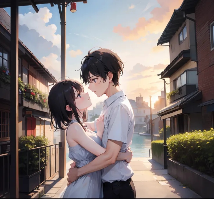 A_couple,boy_hug_girl,happy,romantic_atmosphere,landscape