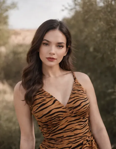 a woman in a tiger print dress stand for a photo, in the style of fine lines, delicate curves, rebecca sugar, stockphoto, chicano-inspired, intense close-ups, paleocore, fluid.