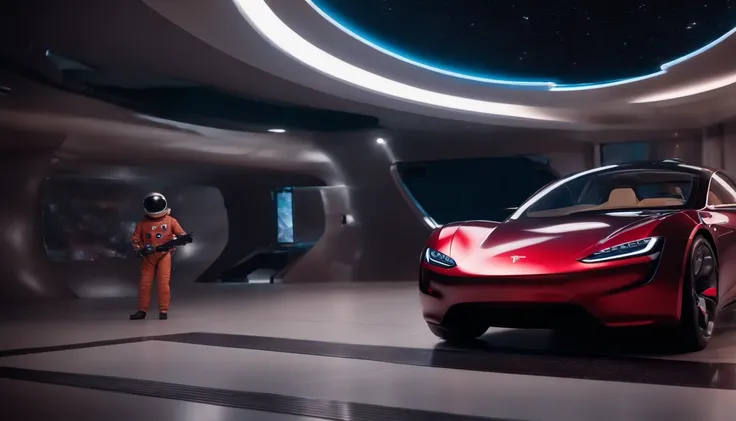 Qualidade de filme 4K，Film compositions，texturas finas，Base em Marte，Astronautas tocando guitarra, A cherry red Tesla Roadster floating in space WITH A GUY WITH SPACE TRAGE STANDING AT A SPACE-STYLE GAS STATION TO FUEL EM UM PLANETA FUTURISTICO NO ESPAÇO, ...