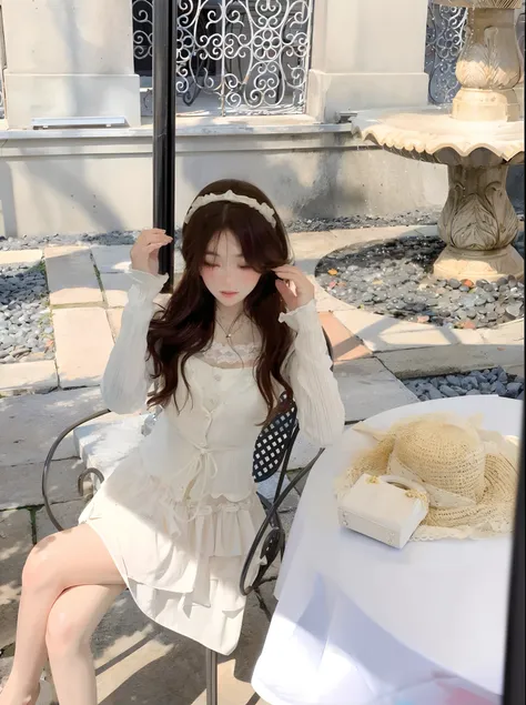 araffe sitting on a chair in a garden with a hat on, ulzzang, light cream and white colors, cream colored blouse, ivory, white trendy clothes, cute girl, frilly outfit, young and cute girl, beige, 3 colour, white hime cut hairstyle, white lace clothing, lo...