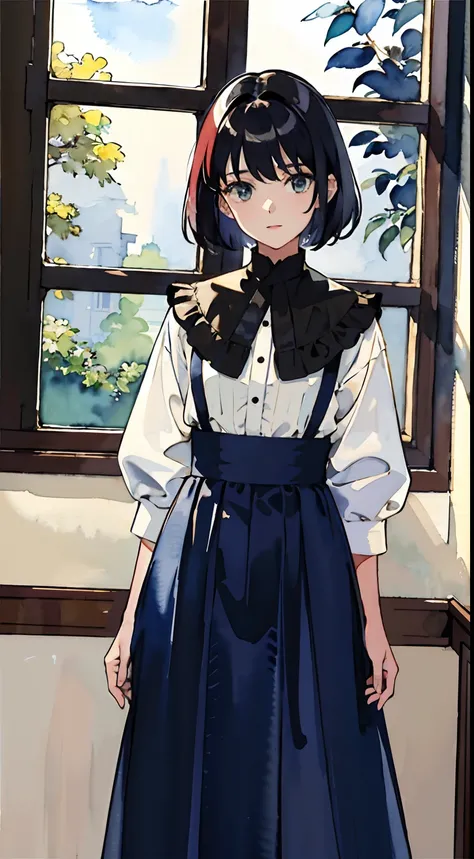 ((Watercolor by singer Sargent))、(top-quality、​masterpiece)、1girl in、sixteen years old、A stunning、Short black hair、校服、long  skirt、a room、window、small tits、tiny chest、