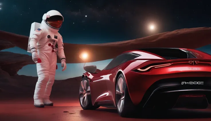 Qualidade de filme 4K，Film compositions，texturas finas，Base em Marte，Astronautas tocando guitarra, A cherry red Tesla Roadster floating in space WITH A GUY WITH SPACE TRAGE STANDING AT A SPACE-STYLE GAS STATION TO FUEL EM UM PLANETA FUTURISTICO NO ESPAÇO, ...