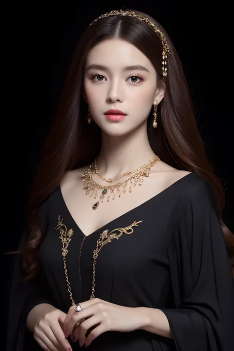 European and American court jewelry necklaces, Vintage fashion of the Middle Ages, HD 9:16 long-haired girls, deep dark background。