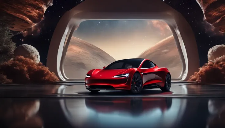 Qualidade de filme 4K，Film compositions，texturas finas，Base em Marte，Astronautas tocando guitarra, A cherry red Tesla Roadster floating in space WITH A GUY WITH SPACE TRAGE STANDING AT A SPACE-STYLE GAS STATION TO FUEL EM UM PLANETA FUTURISTICO NO ESPAÇO, ...