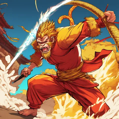 Monkey King in battle ::3 epic battle scenes, actionpacked, Dynamic composition ::2 Strong light illumination, Dramatic shadows, strong contrasts ::1 Martial arts poses, Agile movements, Acrobatic fighting style ::1 Whirlwind, Flying debris, energy blast