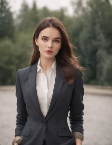 young brunette woman dressed in a tailors suit, light background, in the style of ultrafine detail, high quality photo, 35 mm f/5.6.