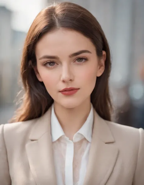 young brunette woman dressed in a tailors suit, light background, in the style of ultrafine detail, high quality photo, 35 mm f/5.6.