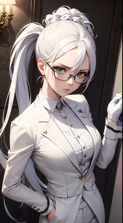 8k, masterpiece, extreme detail, expressive clothing, expressive hair, expressive face, 1female, glasses, white ponytail hair, green eyes, white tuxedo, white gloves, white pants, serious, luxury, mansion, head to waist