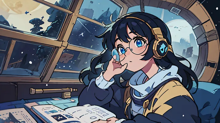 a dramatic 80s woman, golden ratio, into space ship, use super wide lens, study on desk, synthesizer, 
wide window behind, snow, outside with temple, shining moon above mountain, brightly stars, plant planet, huge Goldfish swimming at sky,  cozy scene in s...