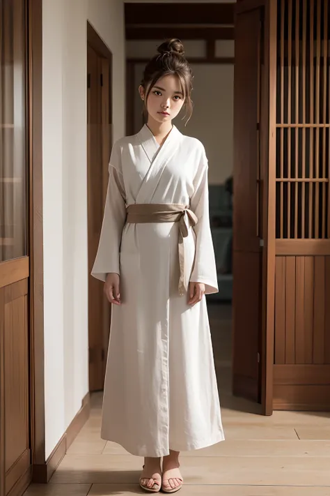 ((Masterpiece,Best quality, high resolution)), 1girll, Solo, The light is gentle，1 girl in a gray yukata，（white sash），((burlap))，（Female prisoners），With a petite figure，brunette color hair，hair-bun，Standing in prison，Stand up，Full body like，streaming tears...