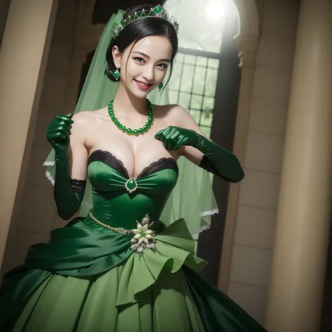 Boyish very short black hair, lipsticks, Japan woman smiling, Green Long Grove, Long green gloves made of satin material, lipsticks, Japan woman smiling, Satin green long gloves,　emerald tiara, Green Pearl Necklace, verd s eyes, Green eyes, Long green glov...